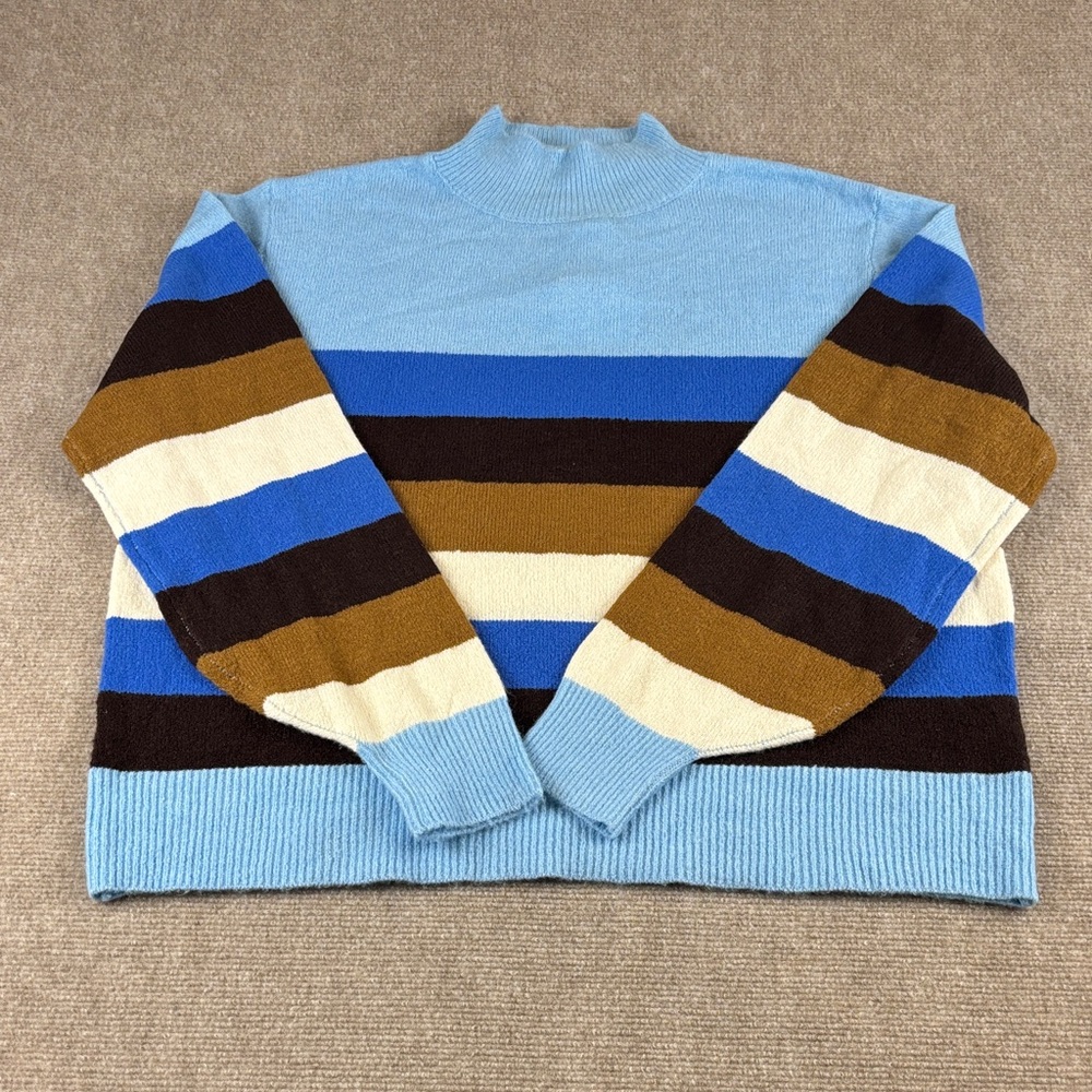 the good jane Women's Cozy Striped Blue/Brown Turtleneck Sweater Sz S/M NWT
